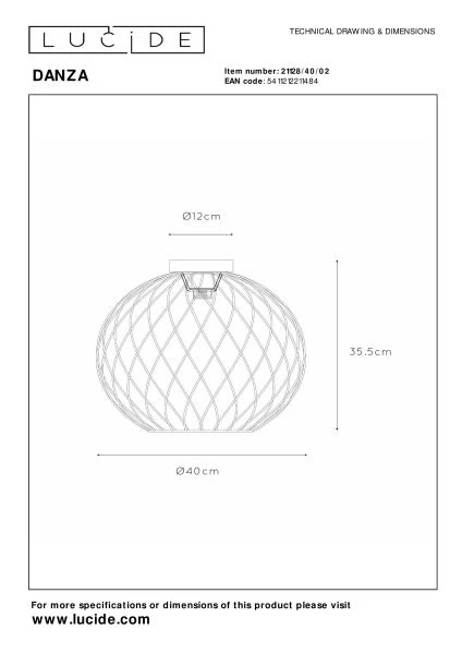 Lucide DANZA - Plafonnier - Ø 40 cm - 1xE27 - Or Mat / Laiton - TECHNISCH